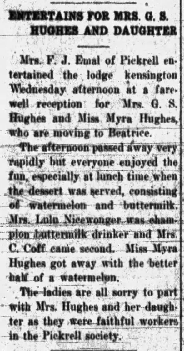 Minnie Snyder Emal, hostess =serving watermelon & buttermilk - evidently both eating contests. What a combination!